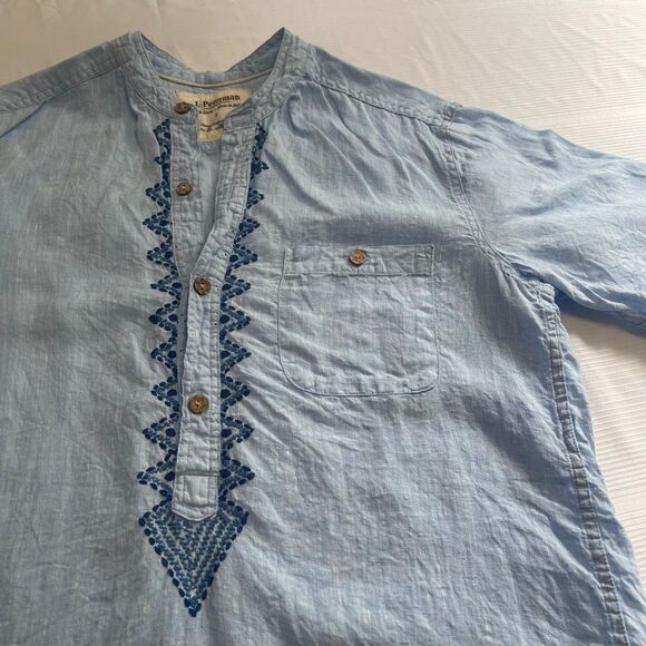 J. Peterman Ancient Roads Blue 100% Linen Embroidered Short Sleeve Shirt Small - Picture 2 of 7